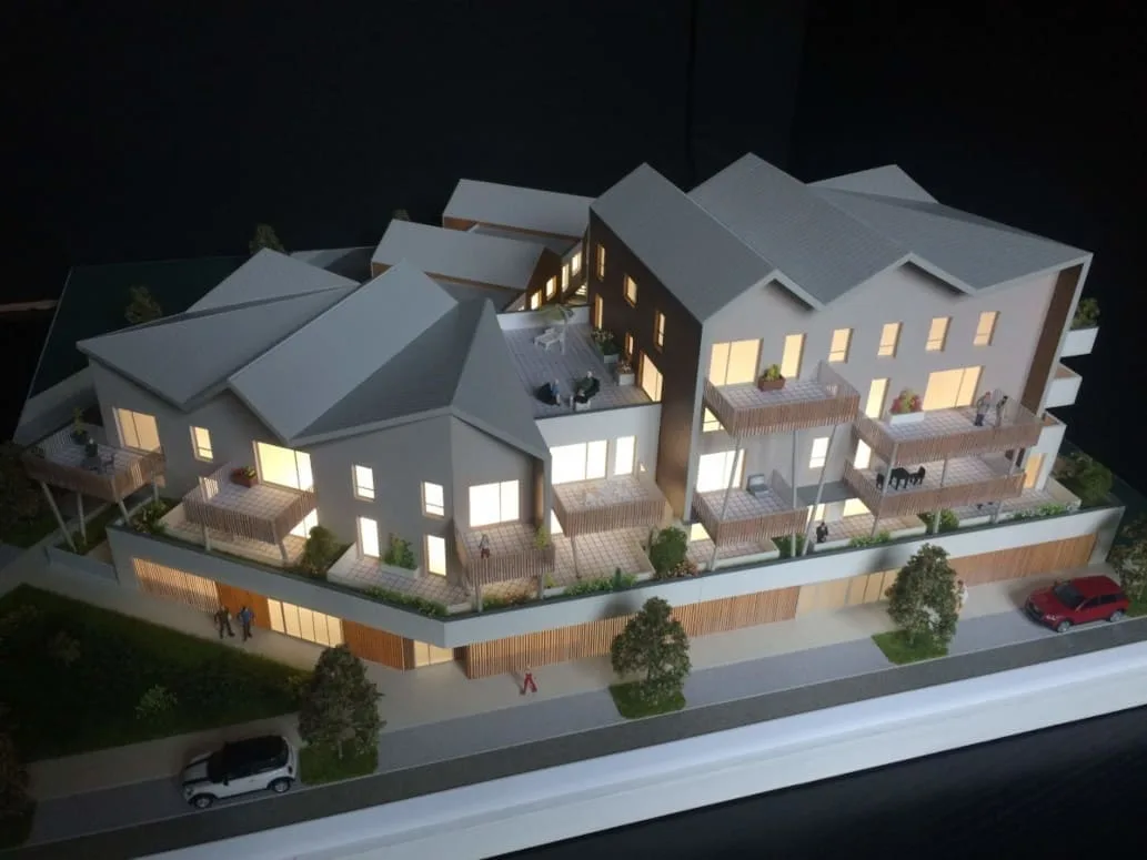 Détail d'une maquette de lotissement avec espaces verts